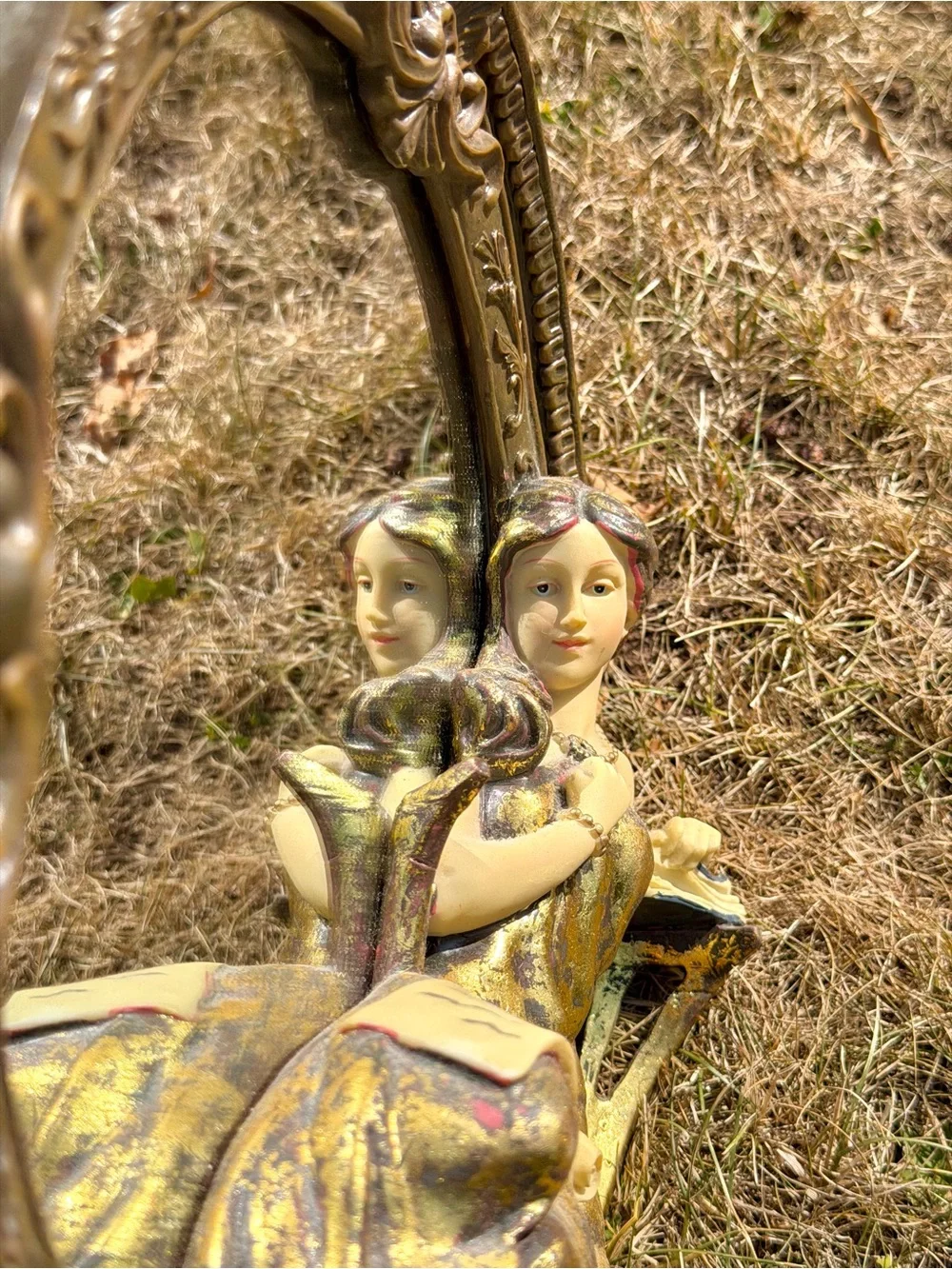 ART NOUVEAU Style MIRROR Resin LADY BY THE LAKE Round Gold Regency 11” Vintage